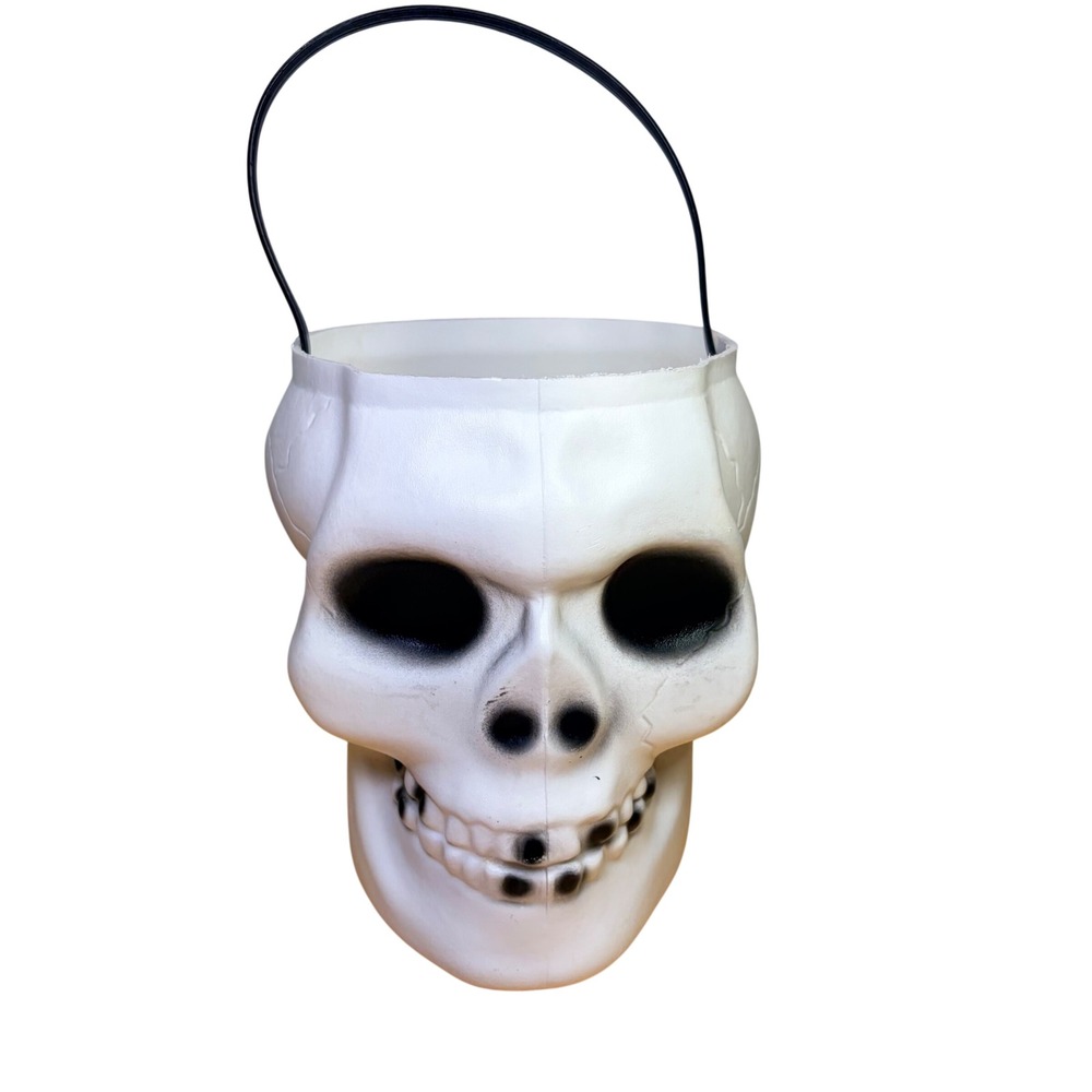 Vintage Kmart Skull Halloween Trick or Treat Pail White Plastic Blow Mold Rare